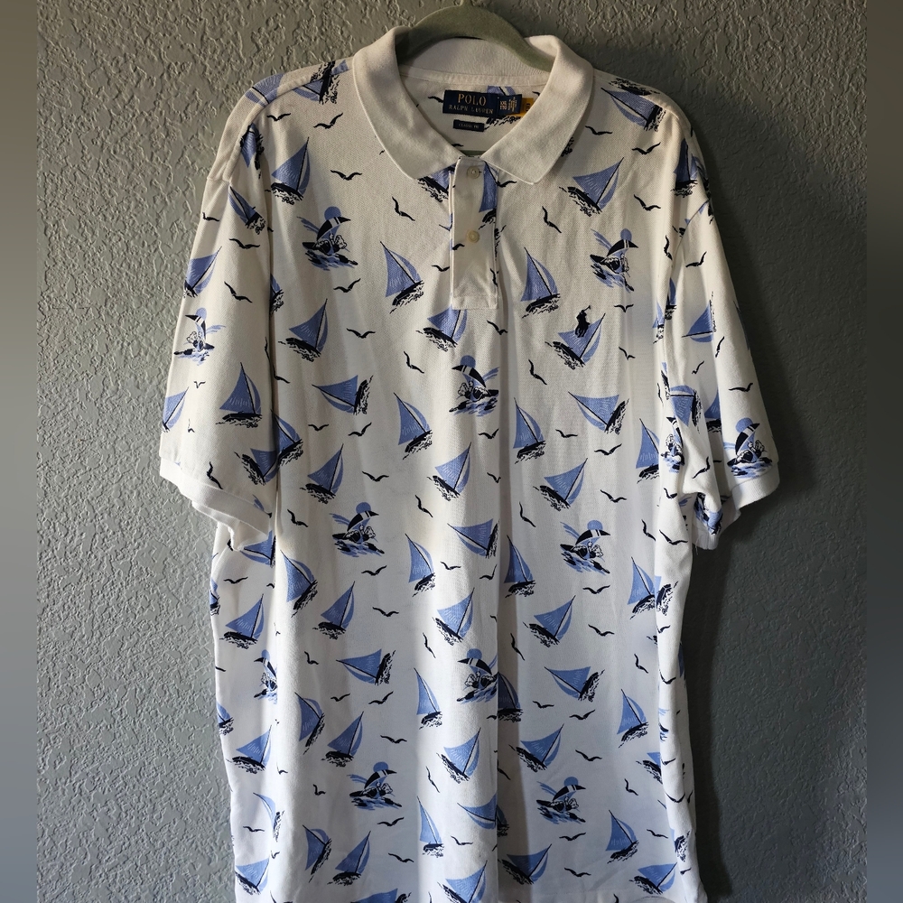 Ralph Lauren White Polo with Blue Sailboat Print Size XXL